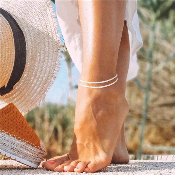 Sterling Silver Ankle Bracelets for Women: Dainty Layered Waterproof Anklet - Picture 6 of 7